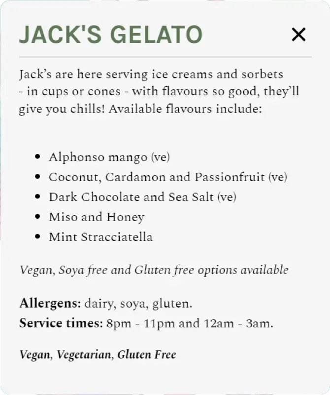 A user interface with teh title 'Jack's Gelato' and text describing the food vendor below